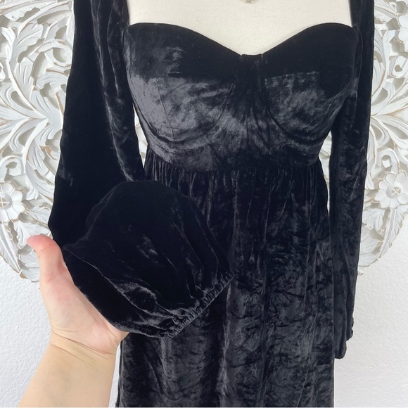 {Reformation} Black Chestnut Silk Velvet Babydoll Dress, Size 0 - Picture 5 of 12